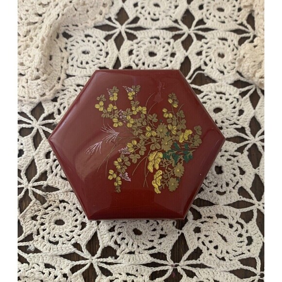 Vintage Hong Kong Red Hexagonal Nesting/Stacking Floral Plastic Trinket Boxes - Picture 5 of 7